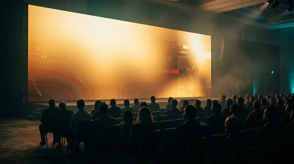 Wide interior shot of a corporate ballroom with rows of audience silhouettes facing a large LED wall displaying warm abstract content, haze revealing light beams