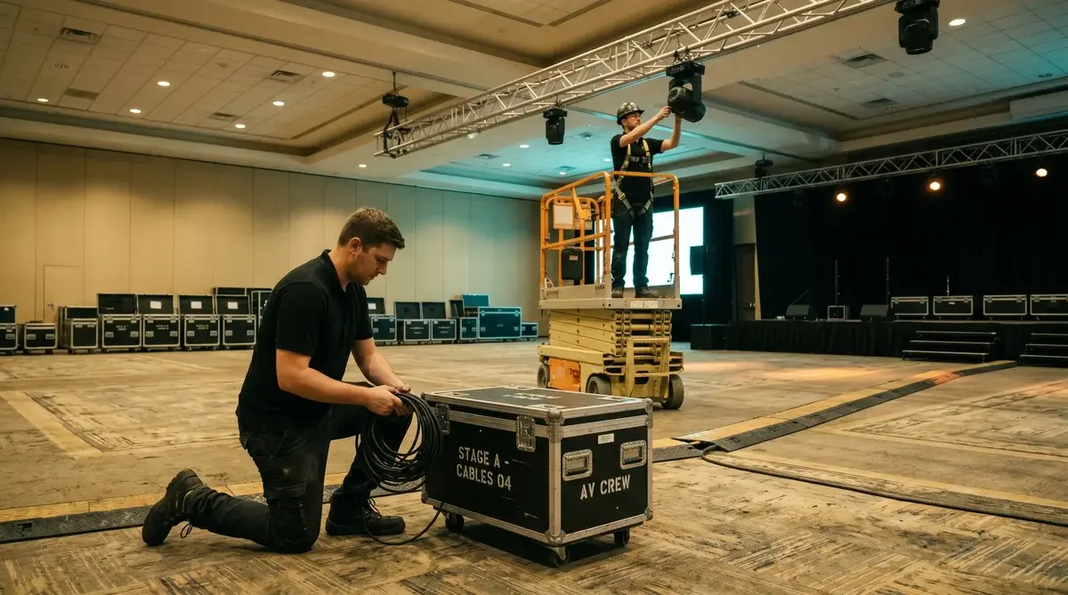 Two ProCore AV crew members during ballroom load-in, one kneeling beside a flight case labeled AV CREW coiling stage cable, the other on a scissor lift adjusting a moving light from the overhead truss