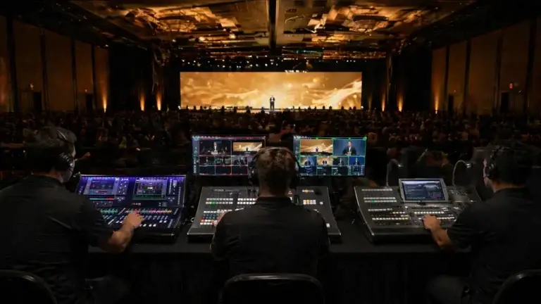 ProCore production crew running a live corporate keynote from the FOH tech table at the back of a ballroom, with three operators at audio, video, and lighting consoles looking toward a distant stage where a speaker presents in front of a large LED wall