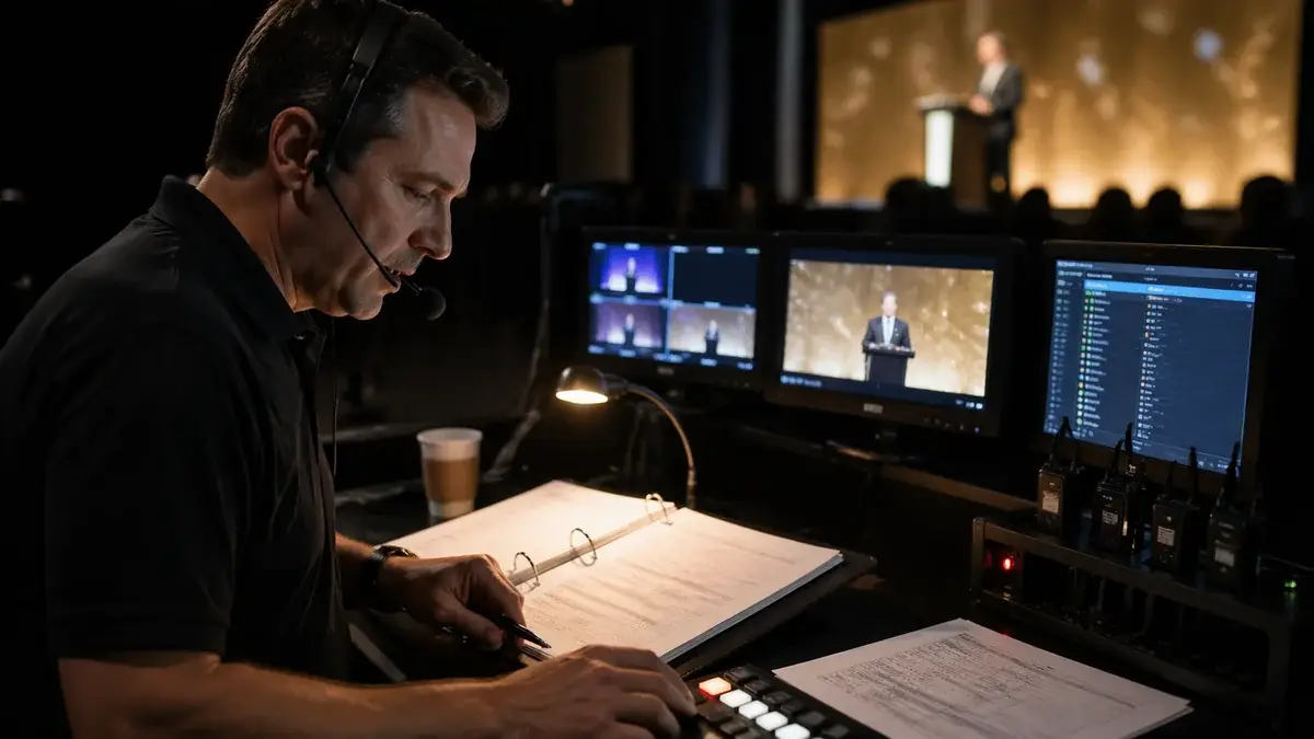 ProCore show caller at a back-of-room production position during a live corporate event, headset on, pen tracking cue lines on an open binder of printed cue sheets, multiview monitors and a lighting console on the desk, and a warm gold LED stage visible in the distant background