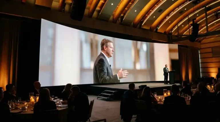 Curved LED wall in a Los Angeles gala venue showing a corporate keynote speaker IMAG, audience seated at round tables in the foreground