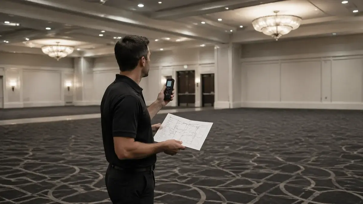 Production tech in a plain black polo holding a handheld laser distance meter and a printed venue floor plan, measuring the back-row distance in an empty Los Angeles hotel ballroom before a load-in