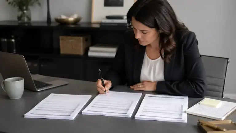 Event planner in a charcoal blazer reviewing three printed AV quotes spread across her desk and marking the middle quote with a black pen during a quote comparison session