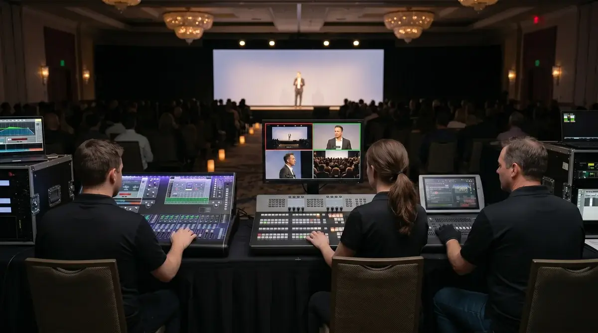 Three seated AV technicians at a tech table at the back of a hotel ballroom, audio engineer at the audio console on the left, video engineer at the video switcher and multiview monitor in the center, lighting operator at the lighting console on the right, all running a corporate keynote with a single speaker on the stage in the distance