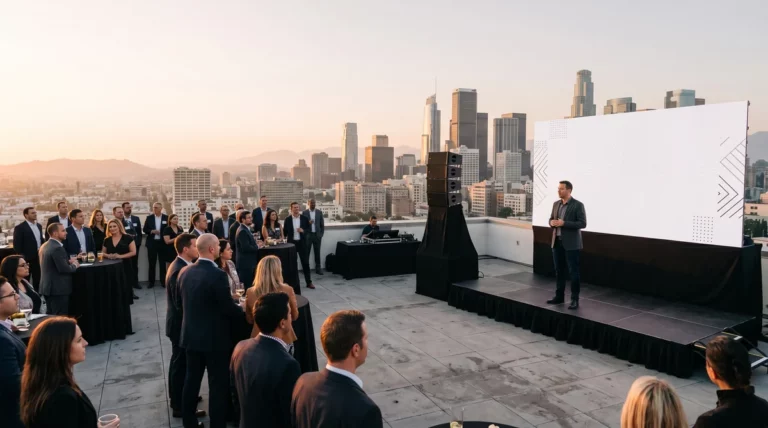 Wide rooftop cocktail event in downtown Los Angeles at golden hour with the LA skyline behind, audience standing at cocktail tables facing a low stage with a speaker presenting in front of an LED wall backdrop, all stage rigging hidden behind clean black skirt