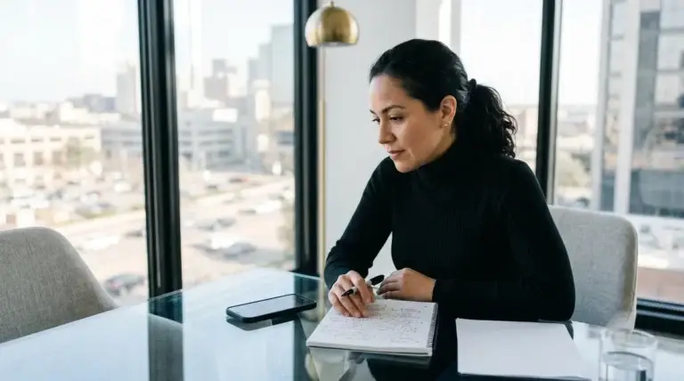 Event planner seated at a glass conference table evaluating an AV vendor on a speakerphone call, taking handwritten notes with question marks and arrows on a legal pad, a stapled AV quote face-down beside the notebook
