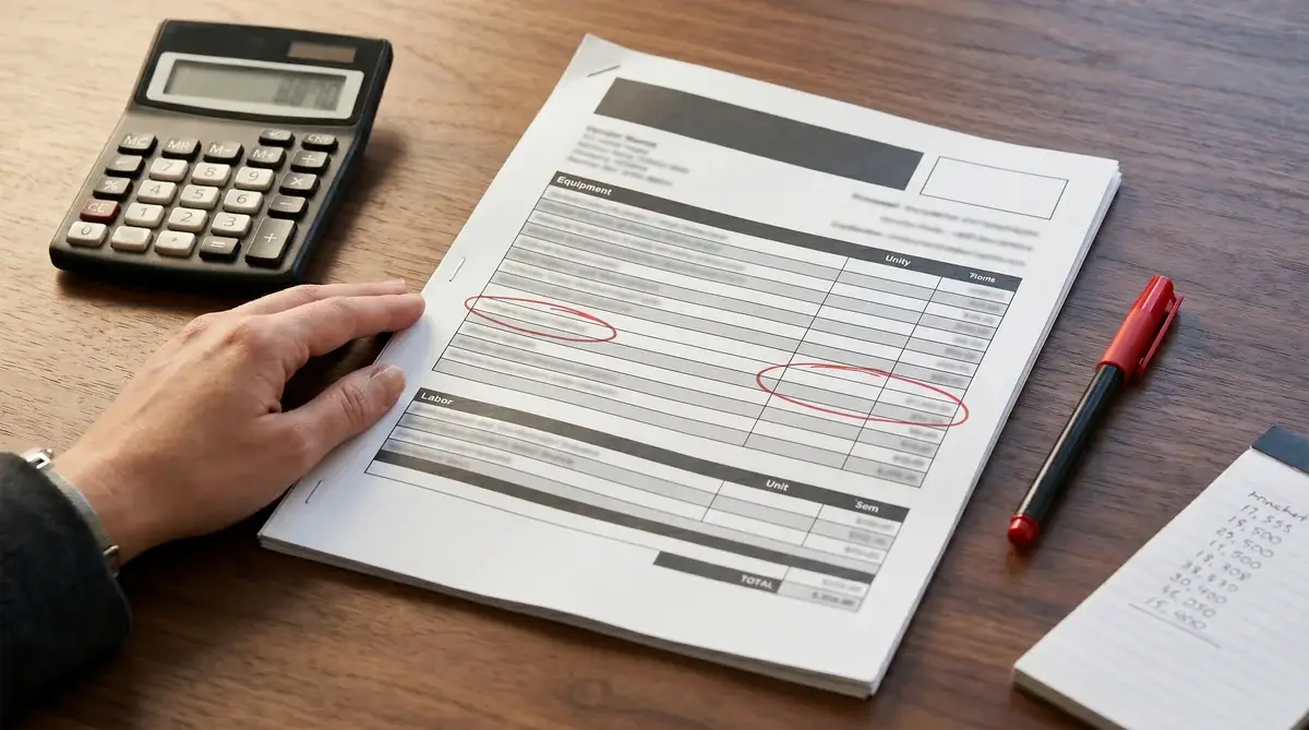 A planners hand steadying an AV equipment quote on a wood desk with two red circles drawn around suspicious line items, a black calculator and red felt-tip pen nearby, and a small handwritten notepad of numbers