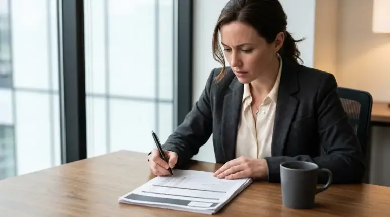 An event planner in a charcoal blazer focused on reviewing a printed AV equipment quote at a wood desk in a modern office with window light, pen in hand and coffee mug nearby, thoughtful and slightly concerned expression