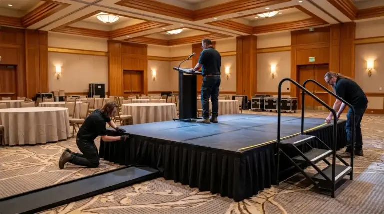 ProCore AV crew finalizing a 16x24 black-skirted corporate stage in a Los Angeles hotel ballroom about two hours before doors, with one crew kneeling at the downstage edge attaching skirting, one at upstage center adjusting a podium with microphone, one verifying deck level with a tape measure, banquet round tables and road cases visible in the background