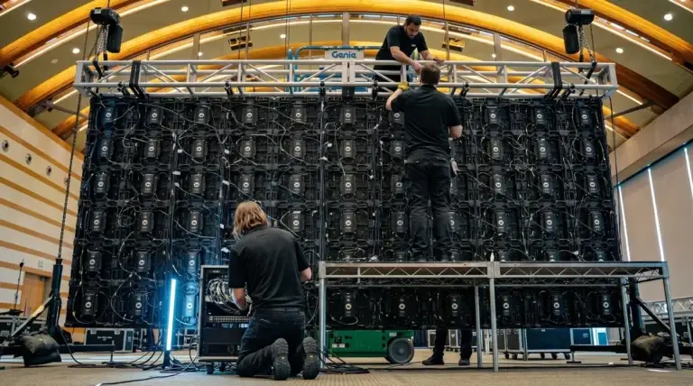 Behind a flown LED wall during corporate event build, showing vertical bundles of CAT5 ethernet/fiber signal cables and 12 AWG black power feeder cables running down the back of LED cabinets, ground-supported truss with chain motors at the top corners, two ProCore crew members in solid black polos mid-build with one on a Genie scissor lift trimming the wall and one kneeling at the floor signal rack
