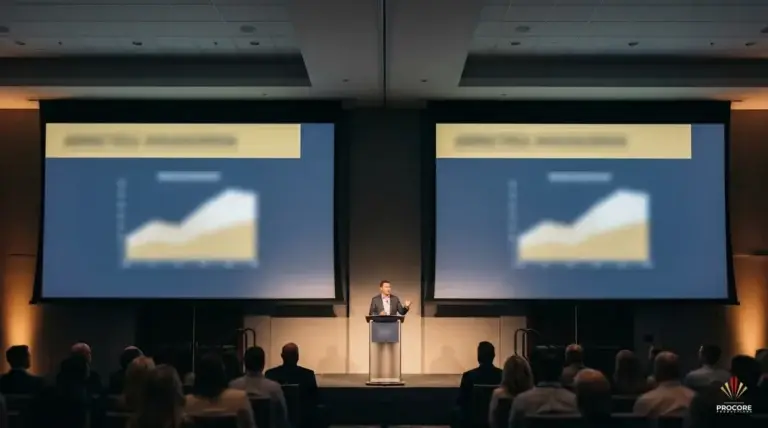 Corporate keynote in a contemporary Los Angeles hotel ballroom with two flanking projection screens showing identical presentation slides, a speaker at the center podium between them, and an audience silhouetted in the foreground