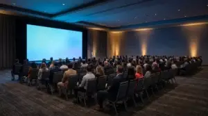 Corporate keynote audience seated theater-style in a Los Angeles hotel ballroom facing a large LED wall, with the front row about 25 feet from the surface and the back row well past 60 feet, illustrating how pixel pitch decisions depend on viewing distance