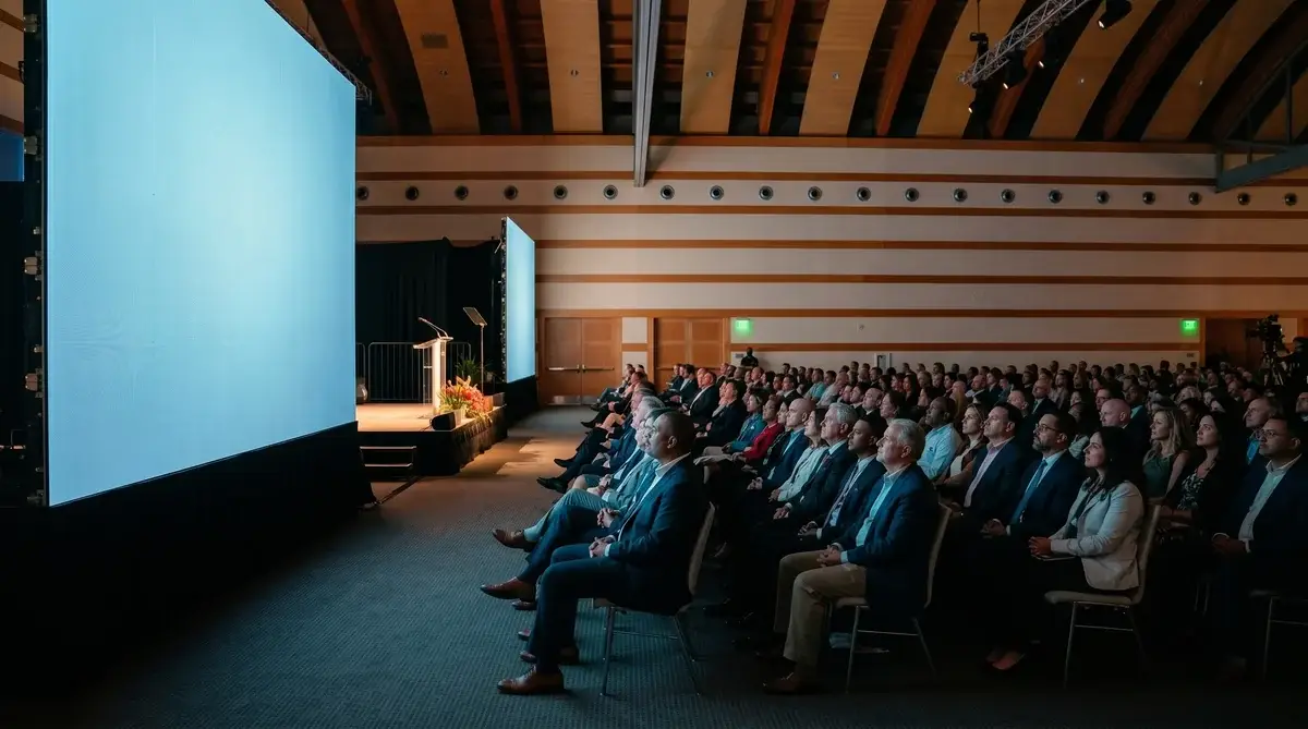 Side-angle view of a corporate audience seated next to a large LED wall in a wood-paneled venue, with attendees ranging from just a few feet to over 50 feet from the screen surface, showing the range of viewing distances a single pixel pitch has to serve
